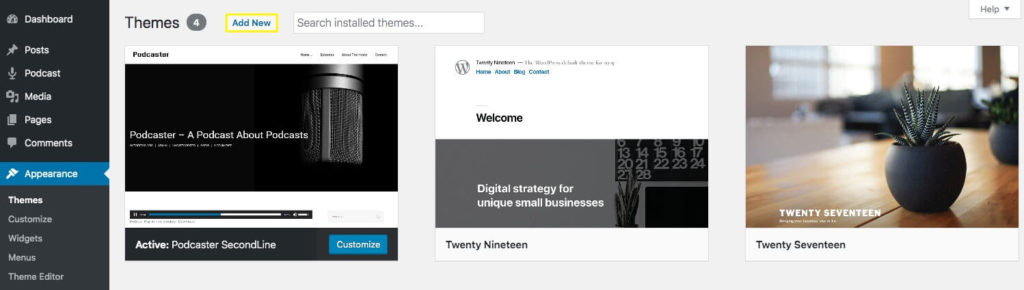 WordPress Theme management page.