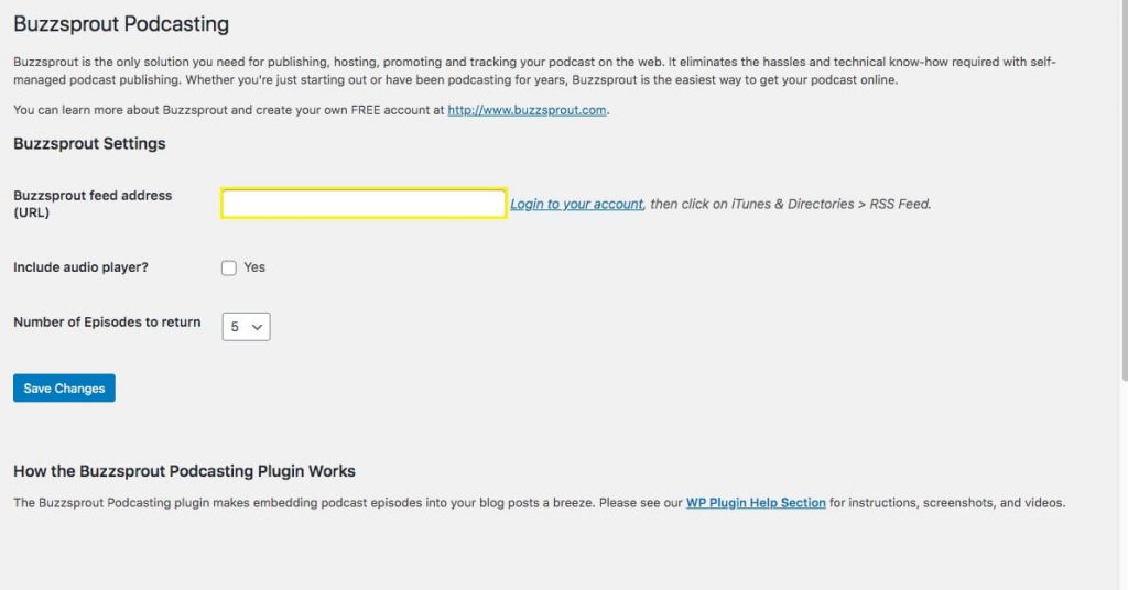 The Buzzsprout plugin settings.