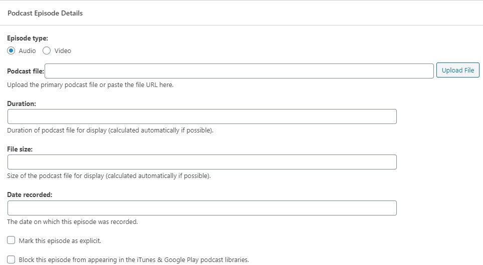 A screenshot of an example podcast upload screen