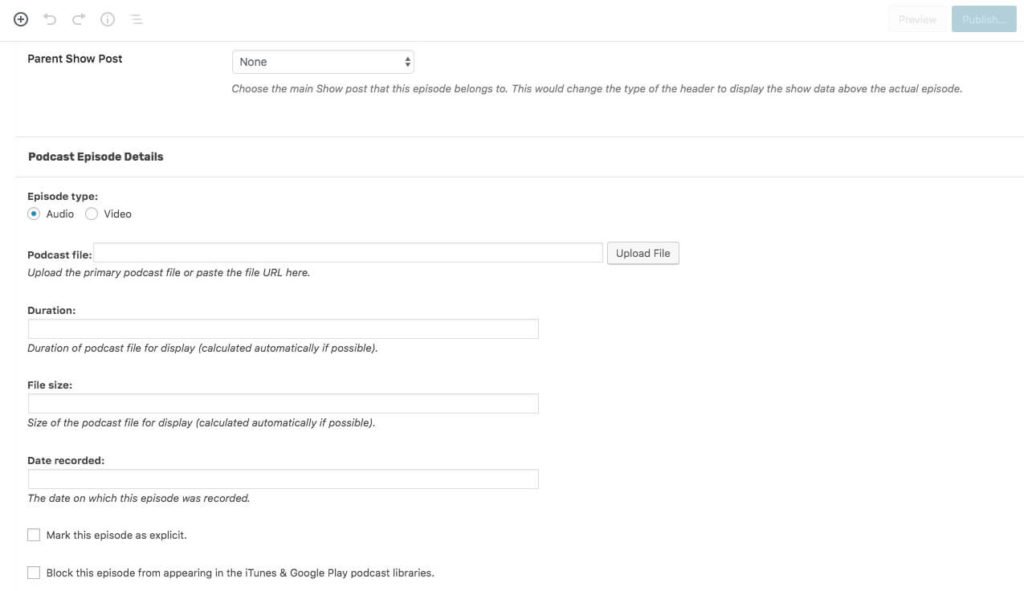 Podcast episode post settings.