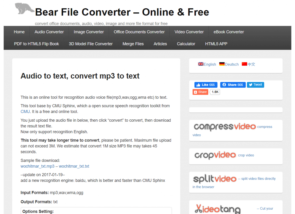 The Bear File Converter homepage.