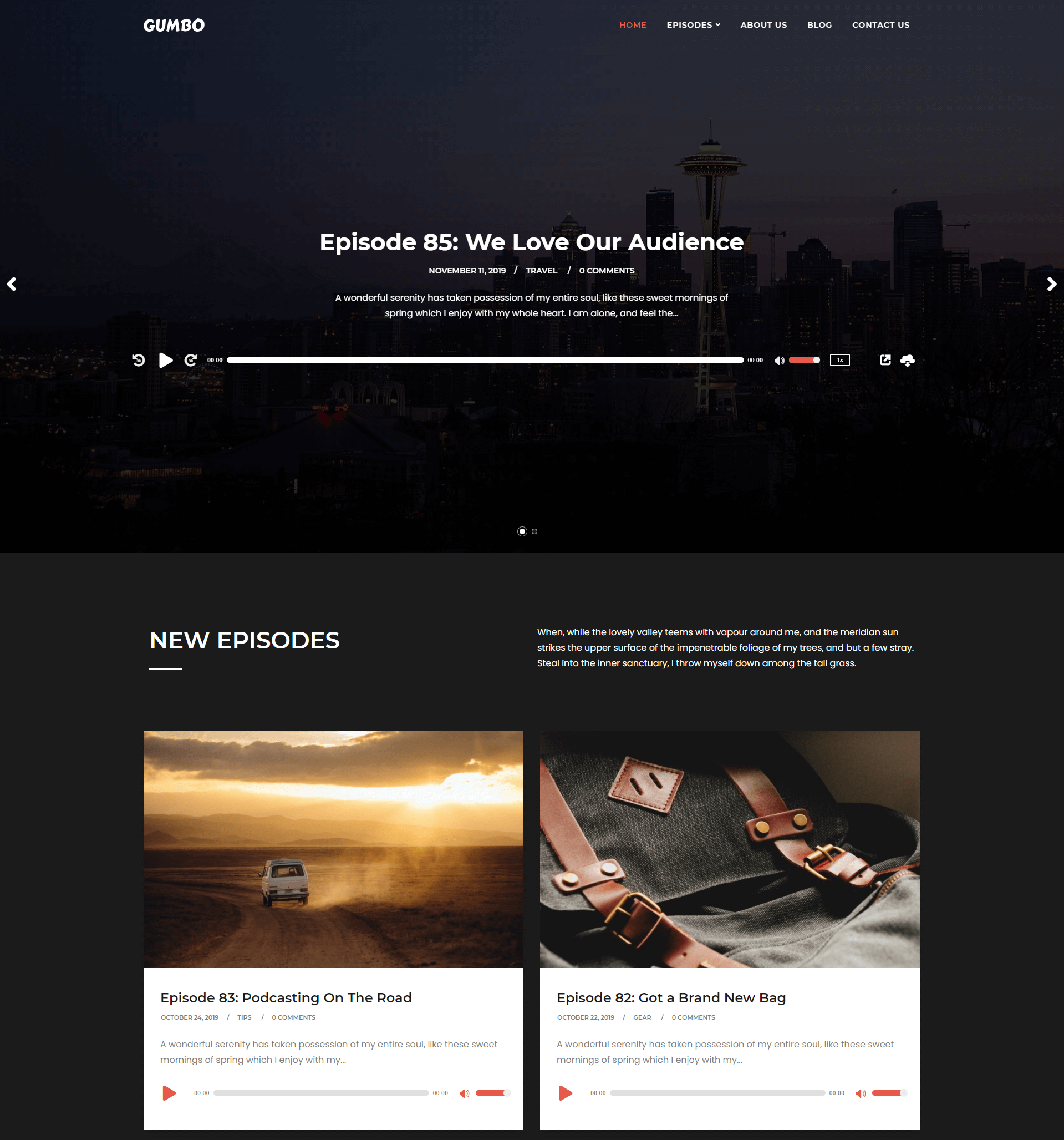 The demo page for the "Gumbo" theme, which has been optimized for use with podcasting features.