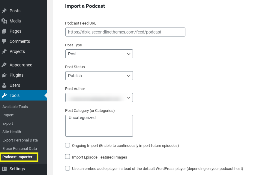 The 'import podcast' screen in WordPress using SecondLineTheme Podcast Importer plugin.