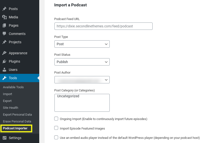 The 'import podcast' screen in WordPress using SecondLineTheme Podcast Importer plugin.