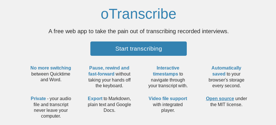 The homepage for the oTranscribe website.