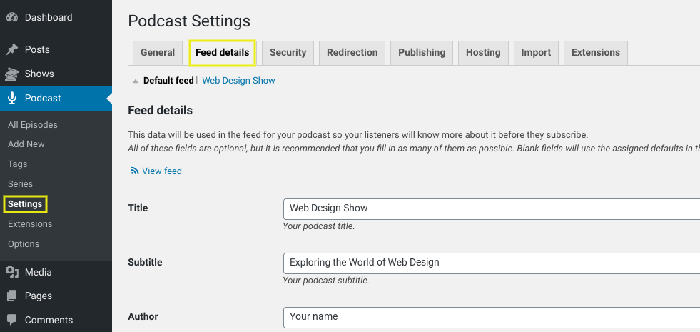 The podcast feed details page.