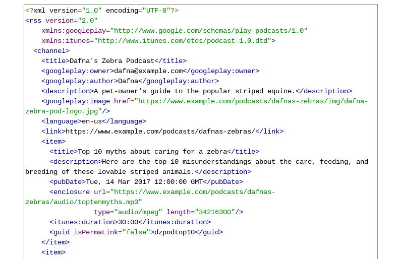 An example of a podcast RSS feed provided by Google Podcasts.