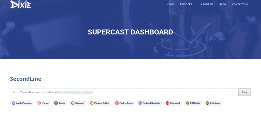 The Supercast dashboard on a demo podcast website.