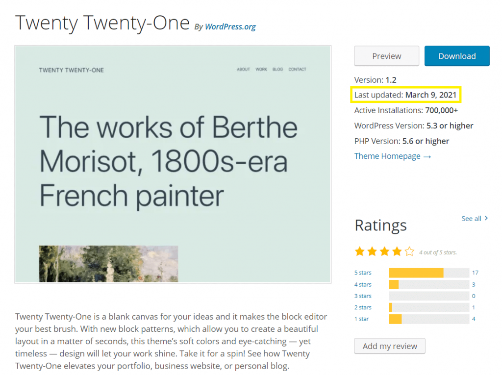 The theme page for Twenty Twenty-One, with the update information on the right highlighted.