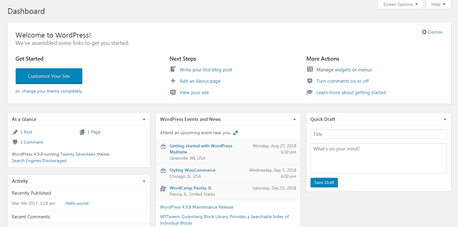 A default WordPress dashboard.